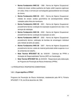 •   Norma Fundacentro NHO 02 - 1999 - Norma de Higiene Ocupacional:
          método de ensaio: análise qualitativa da fração volátil (vapores orgânicos)
          em colas, tintas e vernizes por cromatografia gasosa/detector de ionização
          de chama.
      •   Norma Fundacentro NHO 03 - 2001 - Norma de Higiene Ocupacional:
          método de ensaio: análise gravimétrica de aerodispersóides sólidos
          coletados sobre filtros de membrana.
      •   Norma Fundacentro NHO 05 - 2001 - Norma de Higiene Ocupacional:
          procedimento técnico: avaliação da exposição ocupacional aos raios x nos
          serviços de radiologia.
      •   Norma Fundacentro NHO 06 - 2002 - Norma de Higiene Ocupacional:
          procedimento técnico: avaliação da exposição ao calor.
      •   Norma Fundacentro NHO 07 - 2002 - Norma de Higiene Ocupacional:
          procedimento técnico: calibração de bombas de amostragem individual
          pelo método da bolha de sabão.
      •   Norma Fundacentro NHO 08 - 2007 - Norma de Higiene Ocupacional:
          procedimento técnico: coleta de material particulado sólido suspenso no ar
          de ambientes de trabalho.
      •   Nota Técnica MTE/DSST 02, de 18/02/04 - Cobrança de PPRA e
          Anotação de Responsabilidade Técnica (ART) em fiscalização.
      •   Nota Técnica MTE/DSST 06, de 23/04/03 - Responsável pela elaboração
          do Programa de Prevenção de Riscos Ambientais (PPRA).


1.2 PERGUNTAS E RESPOSTAS COMENTADAS


1.2.1 - O que significa o PPRA?


Programa de Prevenção de Riscos Ambientais, estabelecido pela NR 9, Portaria
MTb/SSST no 25, de 29 de dezembro de 1994.




                                                                                  10
 
