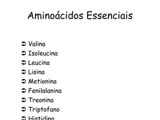 Aminoácidos Essenciais    Valina    Isoleucina    Leucina    Lisina    Metionina    Fenilalanina    Treonina    Triptofano    Histidina 