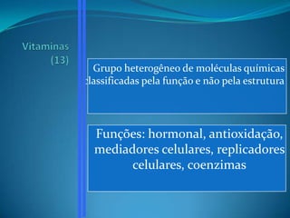 Grupo heterogêneo de moléculas químicas
classificadas pela função e não pela estrutura




  Funções: hormonal, antioxidação,
  mediadores celulares, replicadores
        celulares, coenzimas
 
