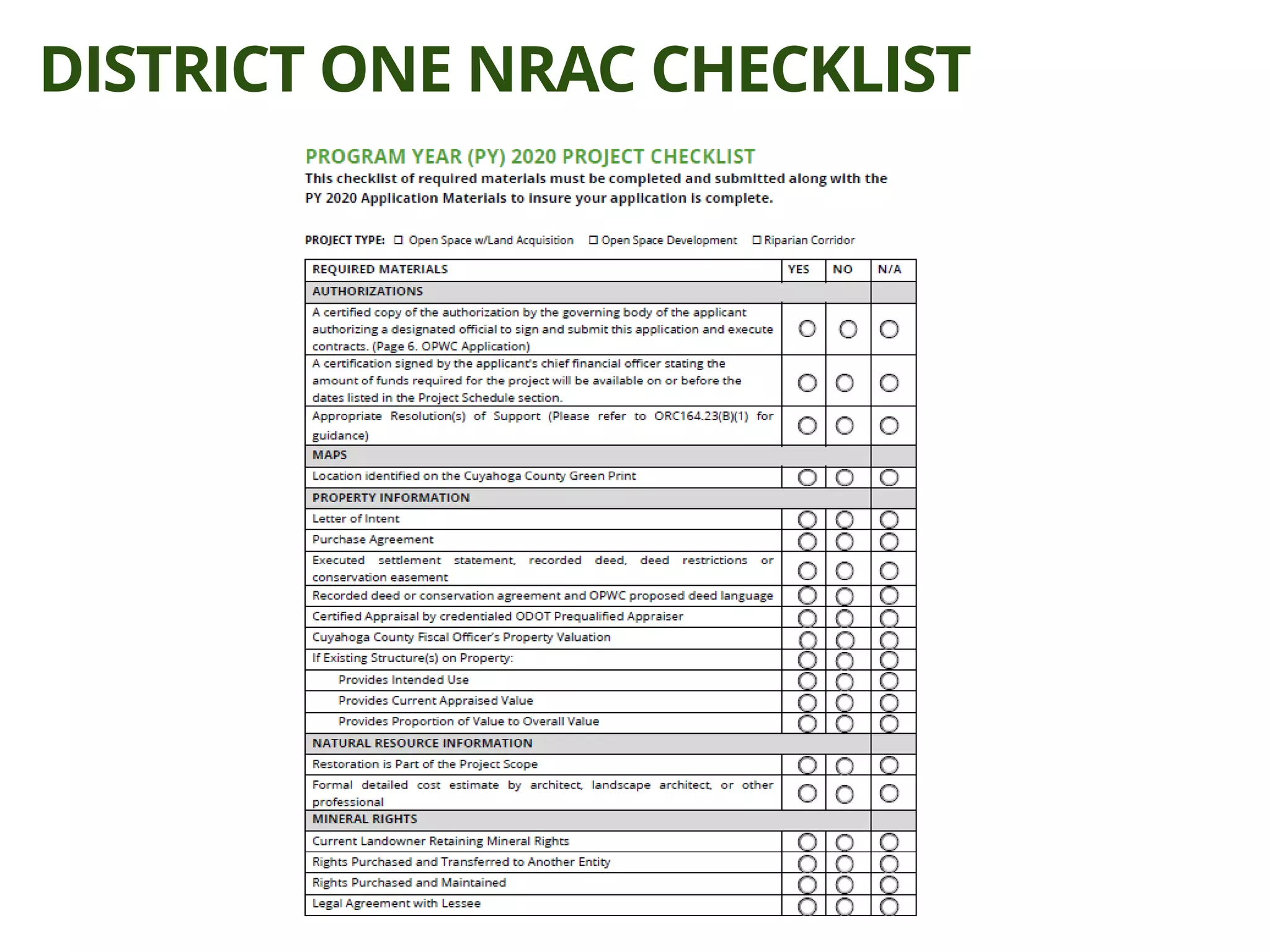 DISTRICT ONE NRAC CHECKLIST
 