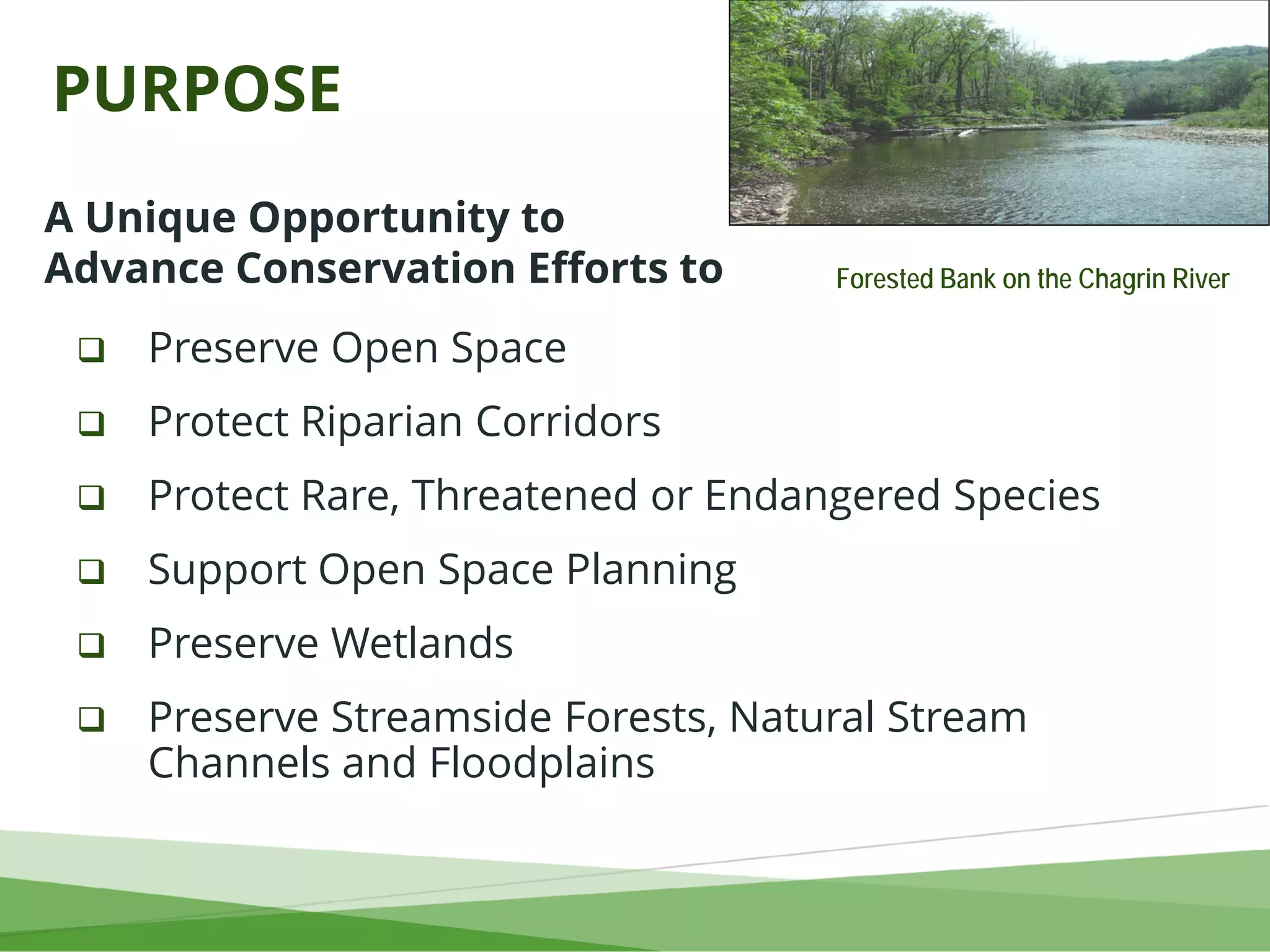 PURPOSE
 Preserve Open Space
 Protect Riparian Corridors
 Protect Rare, Threatened or Endangered Species
 Support Open Space Planning
 Preserve Wetlands
 Preserve Streamside Forests, Natural Stream
Channels and Floodplains
A Unique Opportunity to
Advance Conservation Efforts to Forested Bank on the Chagrin River
 