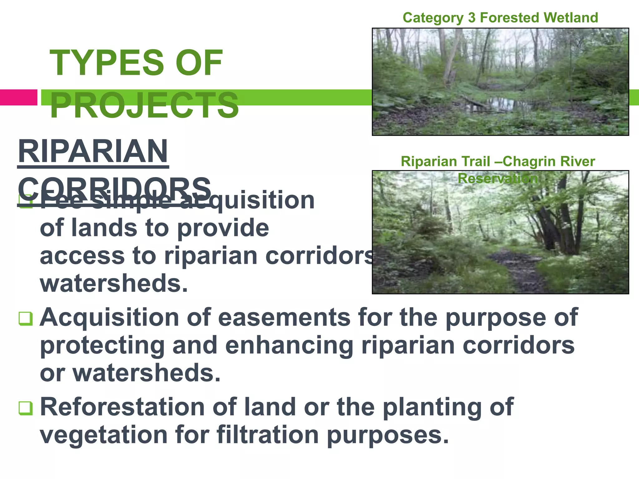 Category 3 Forested Wetland

TYPES OF
PROJECTS
RIPARIAN
CORRIDORS
 Fee simple acquisition

Riparian Trail –Chagrin River
Reservation

of lands to provide
access to riparian corridors or
watersheds.
 Acquisition of easements for the purpose of
protecting and enhancing riparian corridors
or watersheds.
 Reforestation of land or the planting of
vegetation for filtration purposes.

 