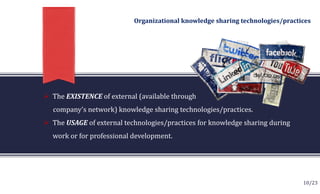 0% 10% 20% 30% 40% 50% 60% 70% 80%
External	presentation	sharing
External	video	sharing
Professional	blog
External	groupwa...