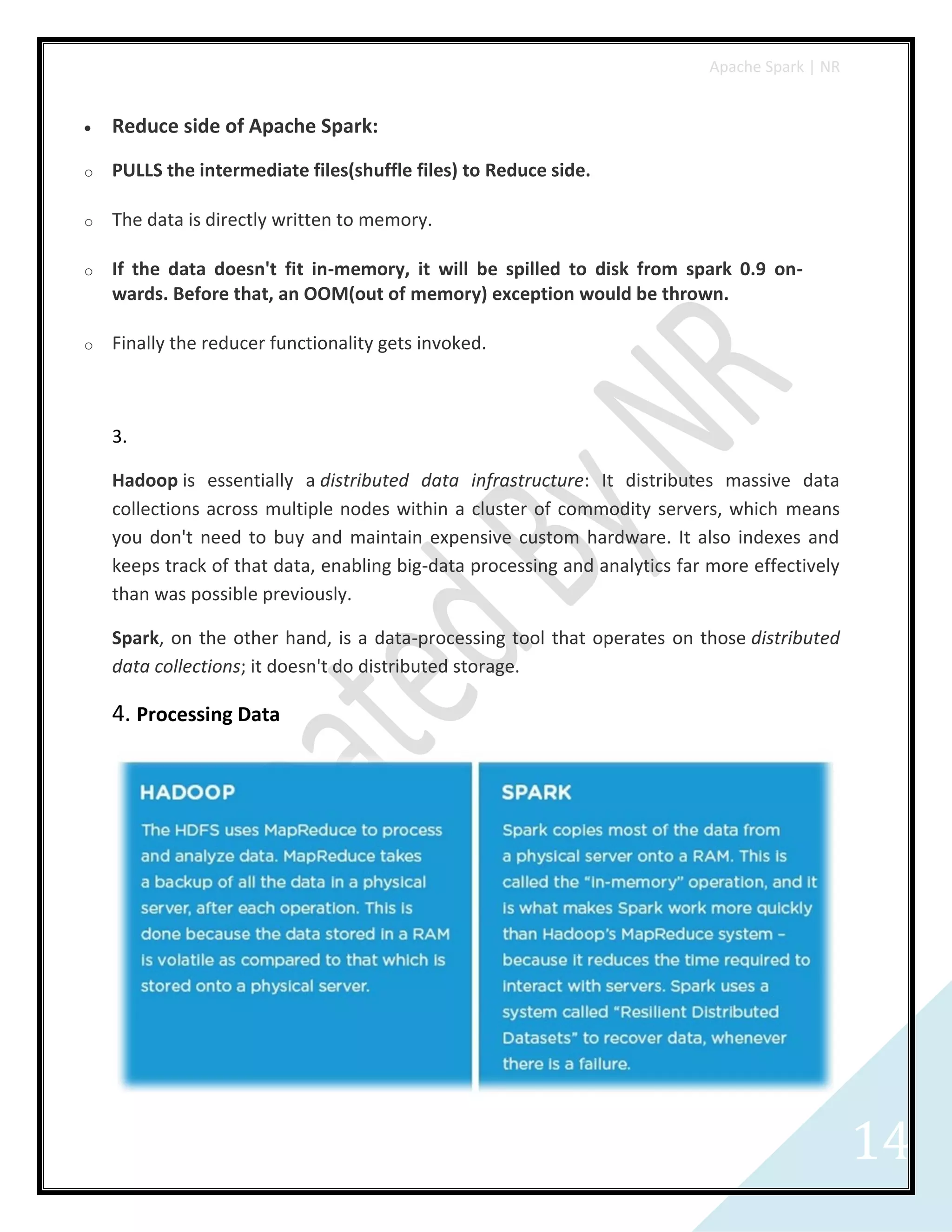 Apache Spark | NR
14
 Reduce side of Apache Spark:
o PULLS the intermediate files(shuffle files) to Reduce side.
o The data is directly written to memory.
o If the data doesn't fit in-memory, it will be spilled to disk from spark 0.9 on-
wards. Before that, an OOM(out of memory) exception would be thrown.
o Finally the reducer functionality gets invoked.
3.
Hadoop is essentially a distributed data infrastructure: It distributes massive data
collections across multiple nodes within a cluster of commodity servers, which means
you don't need to buy and maintain expensive custom hardware. It also indexes and
keeps track of that data, enabling big-data processing and analytics far more effectively
than was possible previously.
Spark, on the other hand, is a data-processing tool that operates on those distributed
data collections; it doesn't do distributed storage.
4. Processing Data
 
