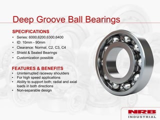 Deep Groove Ball Bearings
SPECIFICATIONS
• Series: 6000,6200,6300,6400
• ID: 10mm - 90mm
• Clearance: Normal, C2, C3, C4
• Shield & Sealed Bearings
• Customization possible
FEATURES & BENEFITS
• Uninterrupted raceway shoulders
• For high speed applications
• Ability to support both; radial and axial
loads in both directions
• Non-separable design
 
