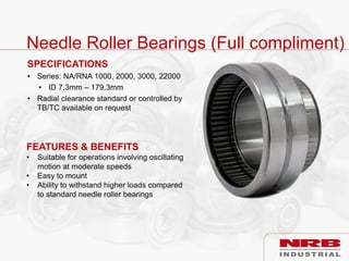 Needle Roller Bearings (Full compliment)
SPECIFICATIONS
• Series: NA/RNA 1000, 2000, 3000, 22000
• ID 7.3mm – 179.3mm
• Radial clearance standard or controlled by
TB/TC available on request
FEATURES & BENEFITS
• Suitable for operations involving oscillating
motion at moderate speeds
• Easy to mount
• Ability to withstand higher loads compared
to standard needle roller bearings
 