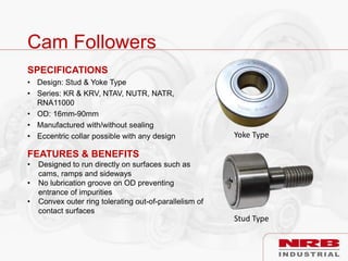 Cam Followers
SPECIFICATIONS
• Design: Stud & Yoke Type
• Series: KR & KRV, NTAV, NUTR, NATR,
RNA11000
• OD: 16mm-90mm
• Manufactured with/without sealing
• Eccentric collar possible with any design
FEATURES & BENEFITS
• Designed to run directly on surfaces such as
cams, ramps and sideways
• No lubrication groove on OD preventing
entrance of impurities
• Convex outer ring tolerating out-of-parallelism of
contact surfaces
Stud Type
Yoke Type
 