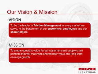 Our Vision & Mission
VISION
MISSION
To be the leader in Friction Management in every market we
serve, to the betterment of our customers, employees and our
shareholders.
To create constant value for our customers and supply chain
partners that will maximize shareholder value and long-term
earnings growth.
 