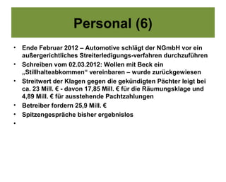 Personal (6)
•   Ende Februar 2012 – Automotive schlägt der NGmbH vor ein
    außergerichtliches Streiterledigungs-verfahren durchzuführen
•   Schreiben vom 02.03.2012: Wollen mit Beck ein
    „Stillhalteabkommen“ vereinbaren – wurde zurückgewiesen
•   Streitwert der Klagen gegen die gekündigten Pächter leigt bei
    ca. 23 Mill. € - davon 17,85 Mill. € für die Räumungsklage und
    4,89 Mill. € für ausstehende Pachtzahlungen
•   Betreiber fordern 25,9 Mill. €
•   Spitzengespräche bisher ergebnislos
•
 