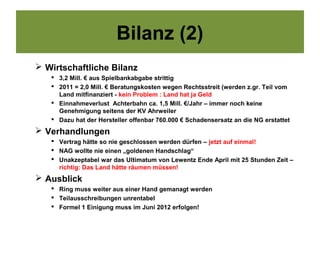 Bilanz (2)
 Wirtschaftliche Bilanz
    3,2 Mill. € aus Spielbankabgabe strittig
    2011 = 2,0 Mill. € Beratungskosten wegen Rechtsstreit (werden z.gr. Teil vom
     Land mitfinanziert - kein Problem : Land hat ja Geld
    Einnahmeverlust Achterbahn ca. 1,5 Mill. €/Jahr – immer noch keine
     Genehmigung seitens der KV Ahrweiler
    Dazu hat der Hersteller offenbar 760.000 € Schadensersatz an die NG erstattet
 Verhandlungen
    Vertrag hätte so nie geschlossen werden dürfen – jetzt auf einmal!
    NAG wollte nie einen „goldenen Handschlag“
    Unakzeptabel war das Ultimatum von Lewentz Ende April mit 25 Stunden Zeit –
     richtig: Das Land hätte räumen müssen!
 Ausblick
    Ring muss weiter aus einer Hand gemanagt werden
    Teilausschreibungen unrentabel
    Formel 1 Einigung muss im Juni 2012 erfolgen!
 