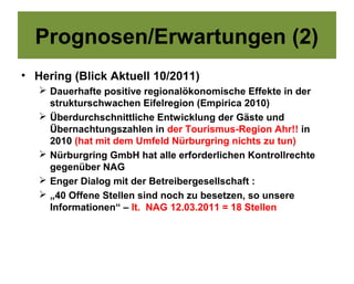 Prognosen/Erwartungen (2)
• Hering (Blick Aktuell 10/2011)
    Dauerhafte positive regionalökonomische Effekte in der
     strukturschwachen Eifelregion (Empirica 2010)
    Überdurchschnittliche Entwicklung der Gäste und
     Übernachtungszahlen in der Tourismus-Region Ahr!! in
     2010 (hat mit dem Umfeld Nürburgring nichts zu tun)
    Nürburgring GmbH hat alle erforderlichen Kontrollrechte
     gegenüber NAG
    Enger Dialog mit der Betreibergesellschaft :
    „40 Offene Stellen sind noch zu besetzen, so unsere
     Informationen“ – lt. NAG 12.03.2011 = 18 Stellen
 