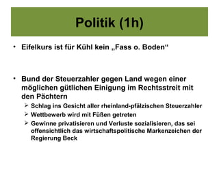 Politik (1h)
• Eifelkurs ist für Kühl kein „Fass o. Boden“



• Bund der Steuerzahler gegen Land wegen einer
  möglichen gütlichen Einigung im Rechtsstreit mit
  den Pächtern
    Schlag ins Gesicht aller rheinland-pfälzischen Steuerzahler
    Wettbewerb wird mit Füßen getreten
    Gewinne privatisieren und Verluste sozialisieren, das sei
     offensichtlich das wirtschaftspolitische Markenzeichen der
     Regierung Beck
 