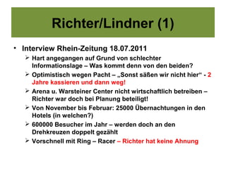 Richter/Lindner (1)
• Interview Rhein-Zeitung 18.07.2011
    Hart angegangen auf Grund von schlechter
     Informationslage – Was kommt denn von den beiden?
    Optimistisch wegen Pacht – „Sonst säßen wir nicht hier“ - 2
     Jahre kassieren und dann weg!
    Arena u. Warsteiner Center nicht wirtschaftlich betreiben –
     Richter war doch bei Planung beteiligt!
    Von November bis Februar: 25000 Übernachtungen in den
     Hotels (in welchen?)
    600000 Besucher im Jahr – werden doch an den
     Drehkreuzen doppelt gezählt
    Vorschnell mit Ring – Racer – Richter hat keine Ahnung
 