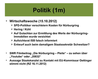 Politik (1m)
• Wirtschaftswoche (15.10.2012)
     SPD-Politiker verschleiern Kosten für Nürburgring
     Hering / Kühl
     Auf Gutachten zur Ermittlung des Werts der Nürburgring-
      Immobilien wurde verzichtet
     Aufsichtsrat ISB falsch informiert
     Entwurf auch beim damaligem Staatssekretär Schweitzer?


•   SWR Filmbeitrag „Die Nürburgring – Pleite“ – zu sehen über
    „Youtube“ oder „20832“
•   Aussage Staatskanzlei zu Kontakt mit EU-Kommissar Oettinger
    stimmt nicht (RZ 16.11.2012)
 