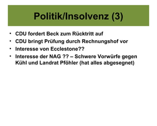 Politik/Insolvenz (3)
•   CDU fordert Beck zum Rücktritt auf
•   CDU bringt Prüfung durch Rechnungshof vor
•   Interesse von Ecclestone??
•   Interesse der NAG ?? – Schwere Vorwürfe gegen
    Kühl und Landrat Pföhler (hat alles abgesegnet)
 