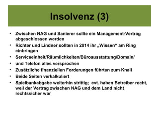 Insolvenz (3)
•   Zwischen NAG und Sanierer sollte ein Management-Vertrag
    abgeschlossen werden
•   Richter und Lindner sollten in 2014 ihr „Wissen“ am Ring
    einbringen
•   Serviceeinheit/Räumlichkeiten/Büroausstattung/Domain/
•   und Telefon alles versprochen
•   Zusätzliche finanziellen Forderungen führten zum Knall
•   Beide Seiten verkalkuliert
•   Spielbankabgabe weiterhin strittig; evt. haben Betreiber recht,
    weil der Vertrag zwischen NAG und dem Land nicht
    rechtssicher war
 