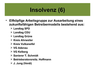 Insolvenz (6)
• Elfköpfige Arbeitsgruppe zur Ausarbeitung eines
  zukunftsfähigen Betreibermodells bestehend aus:
     Landtag SPD
     Landtag CDU
     Landtag Grüne
     Kreis Ahrweiler
     Kreis Vulkaneifel
     VG Adenau
     VG Kelberg
     Sanierer T. Schmidt
     Betriebsratsvorsitz. Hoffmann
     J. Jung (Verdi)
 
