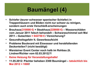 Baumängel (4)
•   Schiefer (teurer schwarzer spanischer Schiefer) in
    Treppenhäusern und Böden nicht nur schwer zu reinigen,
    sondern auch erste Verschleiß-erscheinungen
•   Brauhaus(310000 €) + Steakhaus(229000 €) – Wasserschäden
    vom Januar 2011 falsch behandelt – Schwarzschimmel seit Mai
    2011 – Gutachten = 642750 € / Versicherung?
•   Gesundheitsgefahr lt. Gewerbeaufsicht
•   Probleme Boulevard mit Eiswasser und herabfallenden
    Deckenteilen? (nicht bestätigt)
•   Warsteiner Event Center noch halb im Rohbau (lt.
    Lindner/Richter vom 02.03.2012)?!
•   Keine Heizung für Veranstaltungshalle!
•   11.05.2012: Pächter beheben 2300 Baumängel – tatsächlich bis
    Mai 2012 = 1000!
 