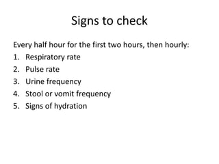 Signs to check
Every half hour for the first two hours, then hourly:
1. Respiratory rate
2. Pulse rate
3. Urine frequency
4. Stool or vomit frequency
5. Signs of hydration
 