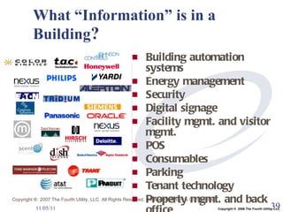 What “Information” is in a Building ? Building automation systems Energy management Security Digital signage Facility mgmt. and visitor mgmt. POS Consumables Parking Tenant technology Property mgmt. and back office … more 11/05/11 Copyright ®  2007 The Fourth Utility, LLC  All Rights Reserved. Intelligent  Buildings Confidential Copyright ®  2006 The Fourth Utility, LLC 