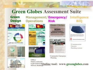 Green Globes  Assessment Suite Green Design Management/ Operations Emergency/ Risk Intelligence BIQ Commercial Interiors Historic Buildings Retrofit Communication Security Building systems   Offices Multi-residential Light Industrial Historic Buildings Community Emergency Planning Design and Retrofits Existing Online  tool:  www. greenglobes. com 