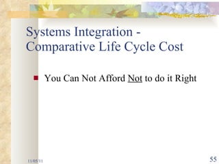 Systems Integration - Comparative Life Cycle Cost  You Can Not Afford  Not  to do it Right 11/05/11 