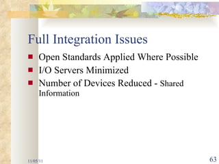 Full Integration Issues Open Standards Applied Where Possible I/O Servers Minimized Number of Devices Reduced -  Shared Information 11/05/11 