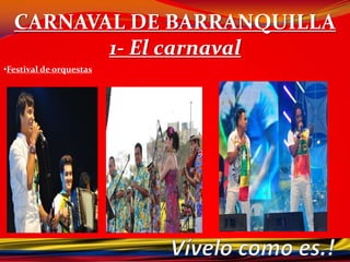 CARNAVAL DE BARRANQUILLA1- El carnavalLos disfraces más tradicionales del carnaval de Barranquilla son el de marimonda, el garabato, el Congo, el torito y el mono cuco, este último de origen europeo. Son motivo de risas y sustos todo tipo de especies animales, nativas y extrañas; negros africanos; cabezones; dementes; muñecotas; súper-héroes; seres mitológicos, gays y la Muerte, entre un número casi interminable. Características del Carnaval de Barranquilla son las máscaras de torito, de tigrillo y de oso, entre otras. Los disfraces satíricos y alusivos a sucesos de actualidad son motivo de hilaridad colectiva y causan gran expectativa cada año.Vívelo como es.!