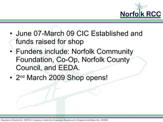 June 07-March 09 CIC Established and funds raised for shop Funders include: Norfolk Community Foundation, Co-Op, Norfolk County Council, and EEDA. 2 nd  March 2009 Shop opens!  