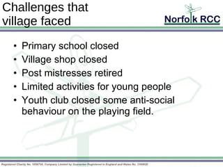 Challenges that  village faced Primary school closed Village shop closed Post mistresses retired Limited activities for young people Youth club closed some anti-social behaviour on the playing field. 