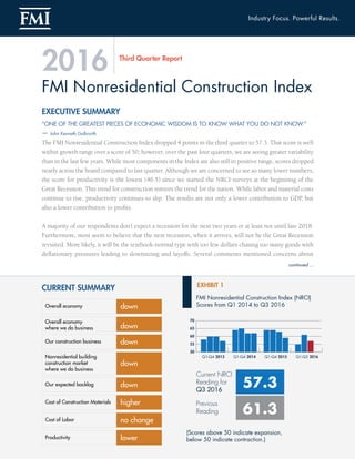 EXECUTIVE SUMMARY
“ONE OF THE GREATEST PIECES OF ECONOMIC WISDOM IS TO KNOW WHAT YOU DO NOT KNOW.”
— John Kenneth Galbraith
The FMI Nonresidential Construction Index dropped 4 points in the third quarter to 57.3. That score is well
within growth range over a score of 50; however, over the past four quarters, we are seeing greater variability
than in the last few years. While most components in the Index are also still in positive range, scores dropped
nearly across the board compared to last quarter. Although we are concerned to see so many lower numbers,
the score for productivity is the lowest (46.5) since we started the NRCI surveys at the beginning of the
Great Recession. This trend for construction mirrors the trend for the nation. While labor and material costs
continue to rise, productivity continues to slip. The results are not only a lower contribution to GDP, but
also a lower contribution to profits.
A majority of our respondents don’t expect a recession for the next two years or at least not until late 2018.
Furthermore, most seem to believe that the next recession, when it arrives, will not be the Great Recession
revisited. More likely, it will be the textbook-normal type with too few dollars chasing too many goods with
deflationary pressures leading to downsizing and layoffs. Several comments mentioned concerns about
FMI Nonresidential Construction Index
Third Quarter Report
2016
CURRENT SUMMARY
(Scores above 50 indicate expansion,
below 50 indicate contraction.)
continued ...
downOverall economy
Overall economy
where we do business
Our construction business
Nonresidential building
construction market
where we do business
Our expected backlog
Cost of Construction Materials higher
Cost of Labor no change
Productivity lower
down
down
down
down
EXHIBIT 1
 