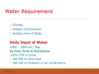 Water Requirement
3/30/2020 14
Climate
Dietary Constituents
Surface Area of Body
Daily Input of Water
2400 – 3000 ml / Day
By Food, Drink & Metabolism
1500-1750 ml Drink
600-900 ml Solid Food
300-350 ml Oxidation of Car
., Fat &Proteins.
 