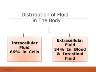 Distribution of Fluid
in The Body
Intracellular
Fluid
66% in Cells
Extracellular
Fluid
34% In Blood
& Intestinal
Fluid
3/30/2020 3
 