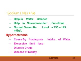 Sodium ( Na) + Ve
3/30/2020 39
– Help in Water Balance
– Help in Neuromuscular Functions
– Normal Serum Na Level = 135 – 145
mEq/L
Hypernatremia
– Cause By inadequate intake of Water
– Excessive fluid loss
– Diuretic Drugs
– Disease of Kidney.
 