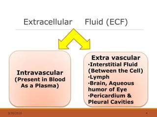 Extracellular Fluid (ECF)
Intravascular
(Present in Blood
As a Plasma)
Extra vascular
•Interstitial Fluid
(Between the Cell)
•Lymph
•Brain, Aqueous
humor of Eye
•Pericardium &
Pleural Cavities
3/30/2020 4
 