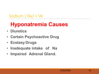 Hyponatremia Causes
• Diuretics
• Certain Psychoactive Drug
• Ecstasy Drugs
• Inadequate intake of Na
• Impaired Adrenal Gland.
Sodium ( Na) + Ve
3/30/2020 41
 