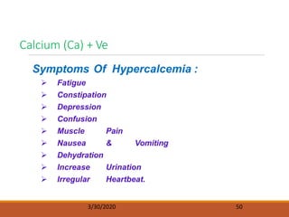 Calcium (Ca) + Ve
3/30/2020 50
Symptoms Of Hypercalcemia :
 Fatigue
 Constipation
 Depression
 Confusion
 Muscle Pain
 Nausea & Vomiting
 Dehydration
 Increase Urination
 Irregular Heartbeat.
 