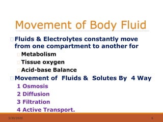 Movement of Body Fluid
3/30/2020 6
Fluids & Electrolytes constantly move
from one compartment to another for
Metabolism
Tissue oxygen
Acid-base Balance
Movement of Fluids & Solutes By 4 Way
1 Osmosis
2 Diffusion
3 Filtration
4 Active Transport.
 