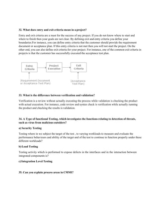 32. What does entry and exit criteria mean in a project?
Entry and exit criteria are a must for the success of any project. If you do not know where to start and
where to finish then your goals are not clear. By defining exit and entry criteria you define your
boundaries.For instance, you can define entry criteria that the customer should provide the requirement
document or acceptance plan. If this entry criteria is not met then you will not start the project. On the
other end, you can also define exit criteria for your project. For instance, one of the common exit criteria in
projects is that the customer has successfully executed the acceptance test plan.
33. What is the difference between verification and validation?
Verification is a review without actually executing the process while validation is checking the product
with actual execution. For instance, code review and syntax check is verification while actually running
the product and checking the results is validation.
34. A Type of functional Testing, which investigates the functions relating to detection of threats,
such as virus from malicious outsiders?
a) Security Testing
Testing where in we subject the target of the test , to varying workloads to measure and evaluate the
performance behaviours and ability of the target and of the test to continue to function properly under these
different workloads?
b) Load Testing
Testing activity which is performed to expose defects in the interfaces and in the interaction between
integrated components is?
c) Integration Level Testing
35. Can you explain process areas in CMMI?
 