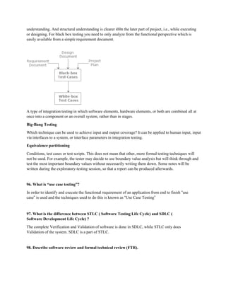 understanding. And structural understanding is clearer i00n the later part of project, i.e., while executing
or designing. For black box testing you need to only analyze from the functional perspective which is
easily available from a simple requirement document.
A type of integration testing in which software elements, hardware elements, or both are combined all at
once into a component or an overall system, rather than in stages.
Big-Bang Testing
Which technique can be used to achieve input and output coverage? It can be applied to human input, input
via interfaces to a system, or interface parameters in integration testing.
Equivalence partitioning
Conditions, test cases or test scripts. This does not mean that other, more formal testing techniques will
not be used. For example, the tester may decide to use boundary value analysis but will think through and
test the most important boundary values without necessarily writing them down. Some notes will be
written during the exploratory-testing session, so that a report can be produced afterwards.
96. What is “use case testing”?
In order to identify and execute the functional requirement of an application from end to finish “use
case” is used and the techniques used to do this is known as “Use Case Testing”
97. What is the difference between STLC ( Software Testing Life Cycle) and SDLC (
Software Development Life Cycle) ?
The complete Verification and Validation of software is done in SDLC, while STLC only does
Validation of the system. SDLC is a part of STLC.
98. Describe software review and formal technical review (FTR).
 