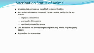 Vaccination Status of Animal
■ Unvaccinated animals are more likely to transmit rabies
■ Vaccinated animals can transmit if the vaccination ineffective for any
reason.
o improper administration
o poor qualityof the vaccine
o poor health status of the animal
■ One dose does not provide long-lasting immunity. Animal requires yearly
booster
■ Appropriate documentation
 