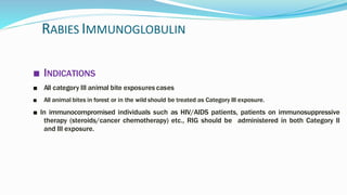 RABIES IMMUNOGLOBULIN
■ INDICATIONS
■ All category III animal bite exposures cases
■ All animal bites in forest or in the wild should be treated as Category III exposure.
■ In immunocompromised individuals such as HIV/AIDS patients, patients on immunosuppressive
therapy (steroids/cancer chemotherapy) etc., RIG should be administered in both Category II
and III exposure.
 