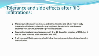 Tolerance and side effects after RIG
Infiltrations:
■ There may be transient tenderness at the injection site and a brief rise in body
temperature that does not require any treatment. Anaphylactic reactions are
extremely rare. RIG must never be given intravenously.
■ Serum sicknessis rare and occurs usually 7 to 10 days after injection of ERIG, but it
has not been reported after treatment with HRIG.
■ A full course of Rabies vaccine should follow thorough wound cleansing and passive
immunization.
 