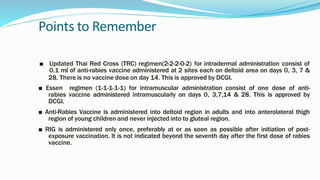 Points to Remember
■ Updated Thai Red Cross (TRC) regimen(2-2-2-0-2) for intradermal administration consist of
0.1 ml of anti-rabies vaccine administered at 2 sites each on deltoid area on days 0, 3, 7 &
28. There is no vaccine dose on day 14. This is approved by DCGI.
■ Essen regimen (1-1-1-1-1) for intramuscular administration consist of one dose of anti-
rabies vaccine administered intramuscularly on days 0, 3,7,14 & 28. This is approved by
DCGI.
■ Anti-Rabies Vaccine is administered into deltoid region in adults and into anterolateral thigh
region of young children and never injected into to gluteal region.
■ RIG is administered only once, preferably at or as soon as possible after initiation of post-
exposure vaccination. It is not indicated beyond the seventh day after the first dose of rabies
vaccine.
 