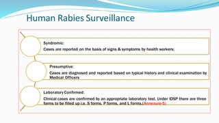 Human Rabies Surveillance
Syndromic:
Cases are reported on the basis of signs & symptoms by health workers;
Presumptive:
Cases are diagnosed and reported based on typical history and clinical examination by
Medical Officers
Laboratory Confirmed:
Clinical cases are confirmed by an appropriate laboratory test. Under IDSP there are three
forms to be filled up i.e. S forms, P forms, and L forms.(Annexure-5)
 