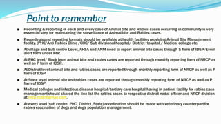 Point to remember
■ Recording & reporting of each and every case of Animal bite and Rabies cases occurring in community is very
essential step for maintainingthe surveillanceof Animal bite and Rabies cases.
■ Recordings and reporting formats should be available at health facilitiesproviding Animal Bite Management
facility. (PHC/Anti Rabies Clinic /CHC/ Sub divisional hospital/ District Hospital / Medical college etc.
■ At village and Sub centre Level, AHSA and ANM need to report animal bite cases through S form of IDSP/Event
alert form under IHIP.
■ At PHC level/ Block level animal bite and rabies cases are reported through monthly reporting form of NRCP as
well as P form of IDSP.
■ At District level animal bite and rabies cases are reported through monthly reporting form of NRCP as well as P
form of IDSP.
■ At State level animal bite and rabies cases are reported through monthly reporting form of NRCP as well as P
form of IDSP.
■ Medical collegesand infectious disease hospital/tertiary care hospital having in patient facility for rabies case
managementshould shared the line list the rabies cases to respective district nodal officer and NRCP division
at nrcp.ncdc@gmail.com.
■ At every level(sub centre, PHC, District, State) coordination should be made with veterinary counterpartfor
rabies vaccination of dogs and dogs population management.
 