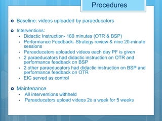 Procedures
 Baseline: videos uploaded by paraeducators
 Interventions:
• Didactic Instruction- 180 minutes (OTR & BSP)
• Performance Feedback- Strategy review & nine 20-minute
sessions
• Paraeducators uploaded videos each day PF is given
• 2 paraeducators had didactic instruction on OTR and
performance feedback on BSP
• 2 other paraeducators had didactic instruction on BSP and
performance feedback on OTR
• EIC served as control
 Maintenance
• All interventions withheld
• Paraeducators upload videos 2x a week for 5 weeks
 