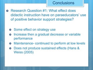 Conclusions
 Research Question #1: What effect does
didactic instruction have on paraeducators’ use
of positive behavior support strategies?
 Some effect on strategy use
 Increase then a gradual decrease or variable
performance
 Maintenance- continued to perform at low levels
 Does not produce sustained effects (Hans &
Weiss (2005)
 