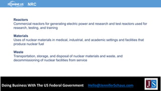 Doing Business With The US Federal Government Hello@JenniferSchaus.com
NRC
Reactors
Commercial reactors for generating electric power and research and test reactors used for
research, testing, and training
Materials
Uses of nuclear materials in medical, industrial, and academic settings and facilities that
produce nuclear fuel
Waste
Transportation, storage, and disposal of nuclear materials and waste, and
decommissioning of nuclear facilities from service
 