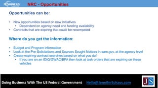 Doing Business With The US Federal Government Hello@JenniferSchaus.com
NRC - Opportunities
Opportunities can be:
• New opportunities based on new initiatives
• Dependent on agency need and funding availability
• Contracts that are expiring that could be recompeted
Where do you get the information:
• Budget and Program information
• Look at the Pre-Solicitations and Sources Sought Notices in sam.gov, at the agency level
• Create expiring contract searches based on what you do!
• If you are on an IDIQ/GWAC/BPA then look at task orders that are expiring on these
vehicles
 